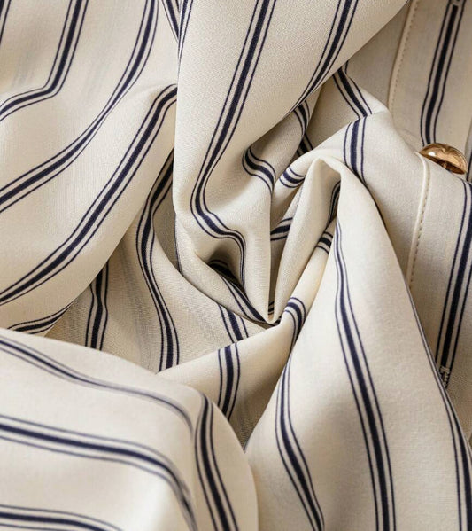 Women's French Striped Smoked Round Neck Bubble Sleeves